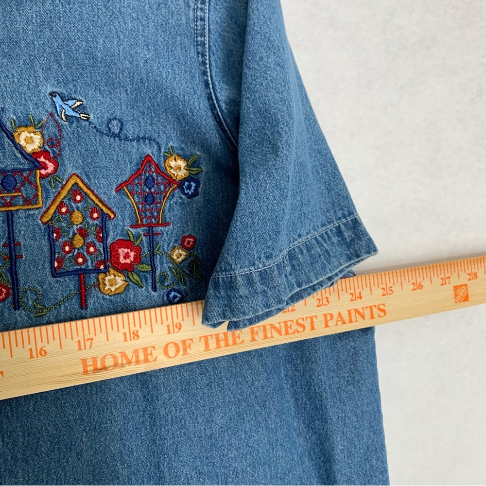 Bobbie Brooks Vintage 90s Denim Button Up Shirt Embroidered Birdhouse Size 18W - Picture 6 of 9